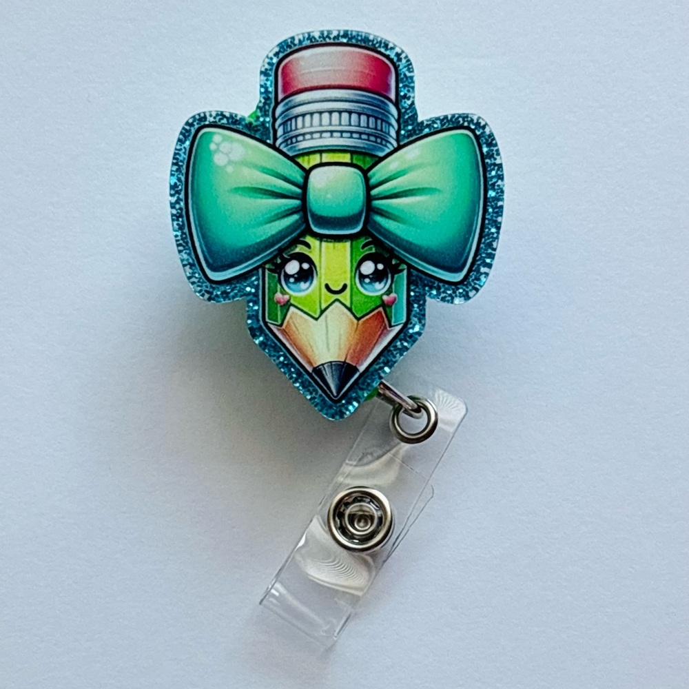 Cute Pencil Badge Reel with Teal Glitter Bow